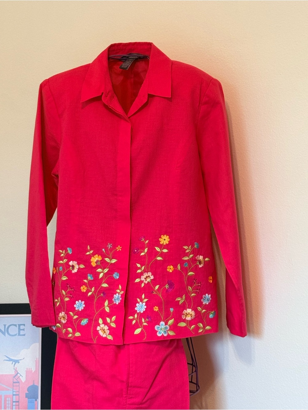 Bright Pink Embroidered Floral Jacket - Women and pants